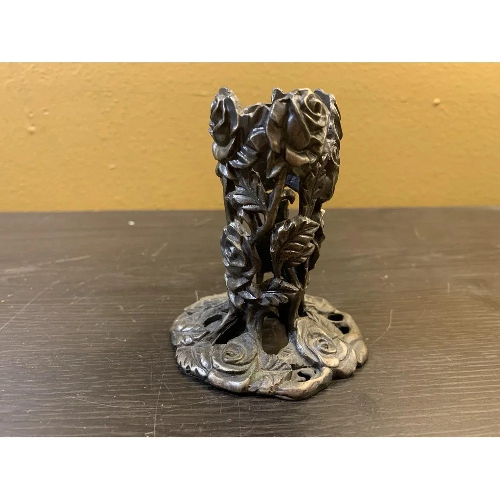 Vintage Silver Tone Pewter Metal Floral‎ Candle Holder
